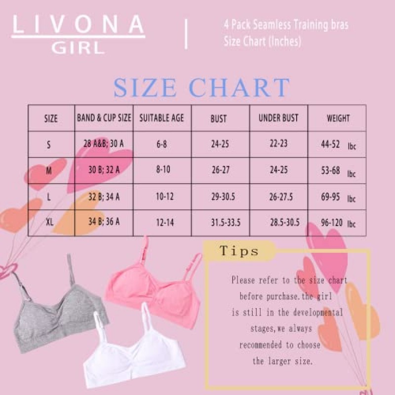 LIVONA 6 팩 트레이닝 브라(여아용)-스포츠 브라, 피트니스 브라, 패딩 처리된 매일 브라 브라렛, 크롭 캐미 탱크 탑(6-14)