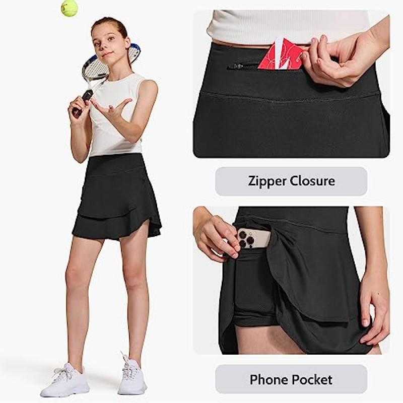 FitsT4 여아용 테니스 스커트 조절 가능한 허리 골프 피클볼 액티브 Skort with Pockets UPF50+