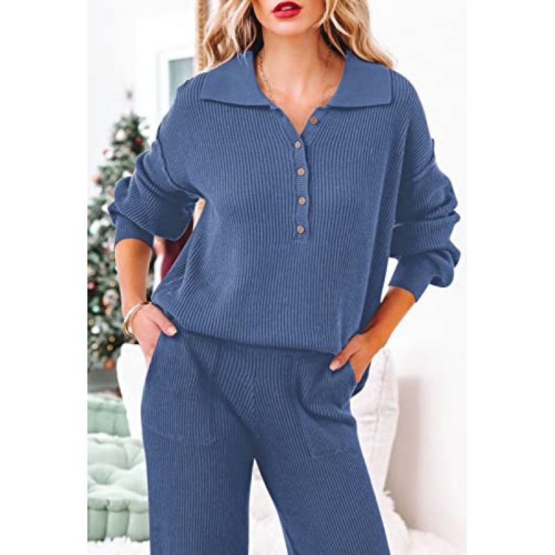 Meenew 여성용 2 피스 스웨트 스웨터 복장 칼라 V 넥 니트 풀오버 탑 와이드 레그 팬츠 세트 Loungewear