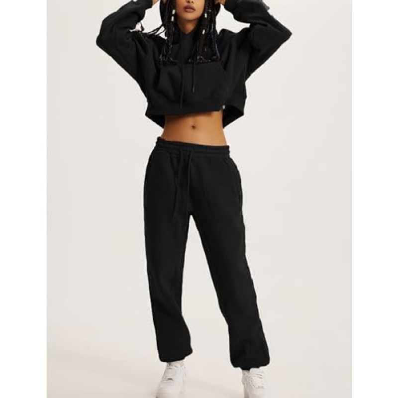 Flygo Womens Fleece 2 Piece 복장 스웨트 슈트 자르기 풀오버 스웨트 조깅 바지 트랙 슈트 세트