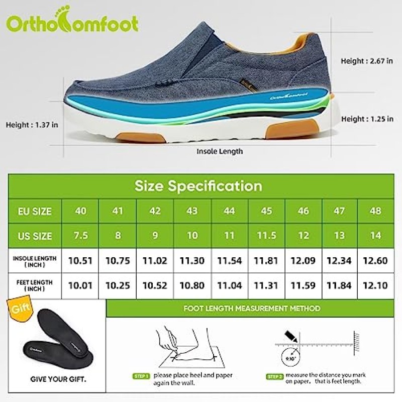 OrthoComfoot 남성용 슬립 온 로퍼, 발바닥 근막염을 위한 아치 지지대 보트 슈즈, 캔버스 레저 빈티지 플랫 워킹 정형외과용 신발, 추가 쿠셔닝 및 통증 완화