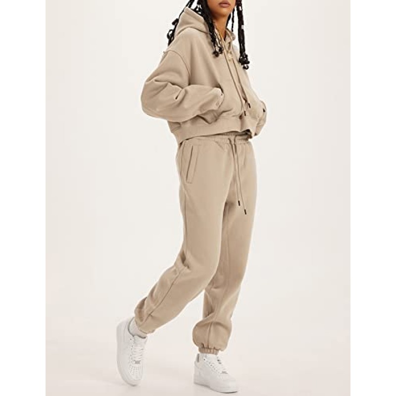 Rousytn Womens Sweatsuits 2 Piece Fleece 복장 긴 소매 자르기 후드 풀오버 조깅 바지 캐주얼 운동 세트