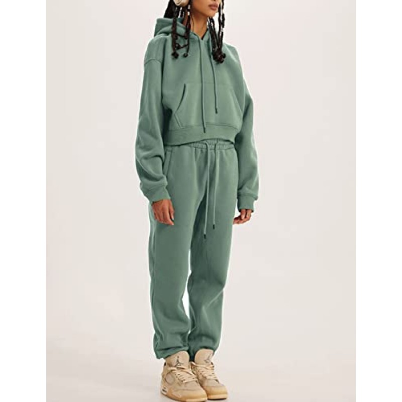 Rousytn Womens Sweatsuits 2 Piece Fleece 복장 긴 소매 자르기 후드 풀오버 조깅 바지 캐주얼 운동 세트