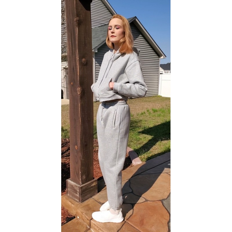 Rousytn Womens Sweatsuits 2 Piece Fleece 복장 긴 소매 자르기 후드 풀오버 조깅 바지 캐주얼 운동 세트