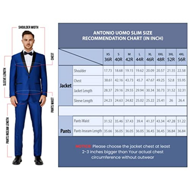 Antonio Uomo 남성 정장 슬림핏 - 3피스 정장 세트 남성 블레이저(2버튼 재킷, 조끼 및 바지 포함)