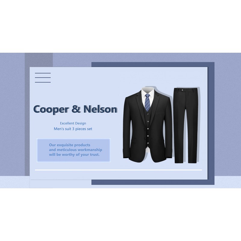 Cooper & Nelson 3피스 남성 정장 세트, 남성용 2버튼 슬림핏 정장, 솔리드 재킷, 조끼, 바지 및 넥타이