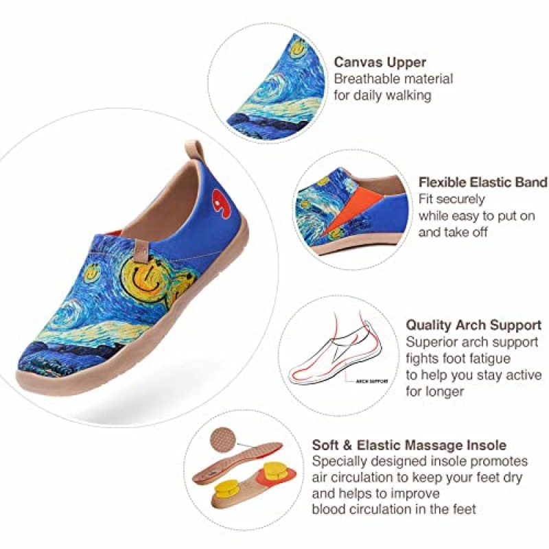 UIN 남성용 슬립온 캔버스 경량 플랫 스니커즈 워킹 캐주얼 로퍼 편안한 아트 페인팅 여행 신발