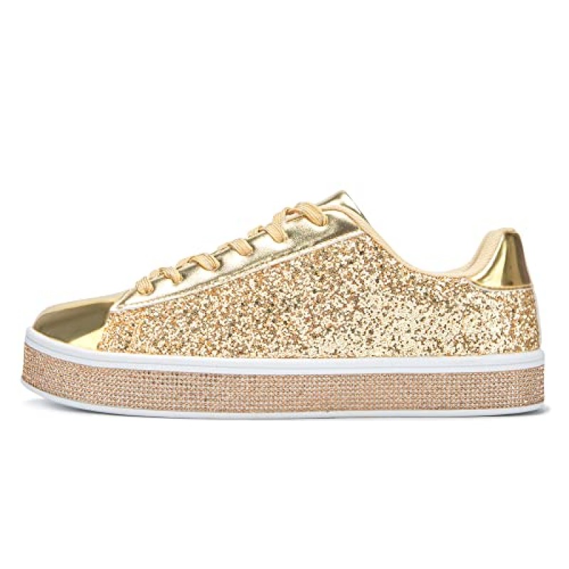 UUBARIS 여성용 반짝이 테니스 스니커즈 네온 Dressy Sparkly 스니커즈 라인 석 블링 웨딩 신부 신발 Shiny Sequin Shoes