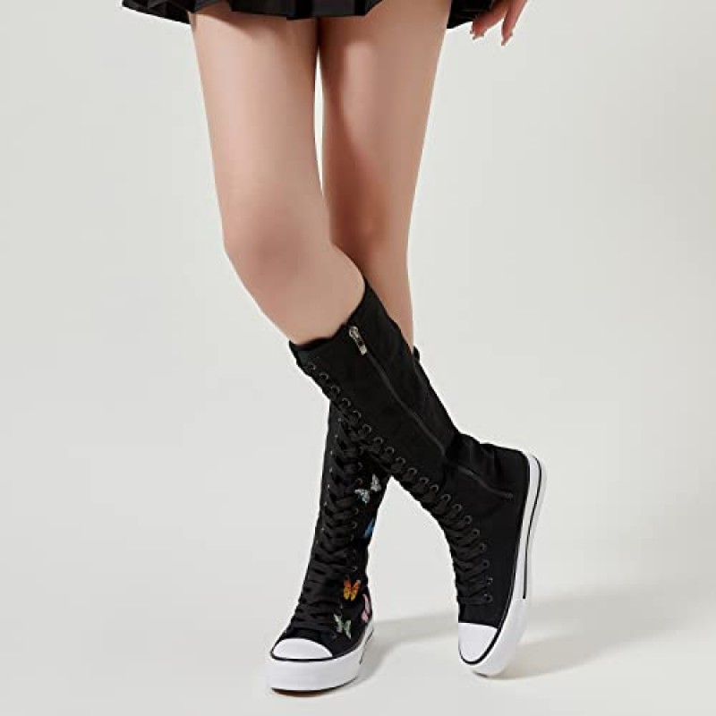 ZGR 여성 캔버스 하이 탑 신발 무릎 높이 부츠 패션 소녀 멋진 Scool 신발 흰색과 검은 색 레이스 업 지퍼 스니커즈 여성용