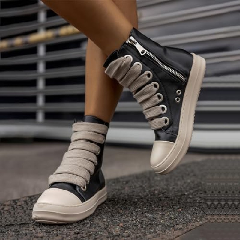 Kluolandi 패션 하이 탑 스니커즈 여성용 와이드 레이스 업 지퍼가 달린 블랙 화이트 플랫폼 스니커즈 신발