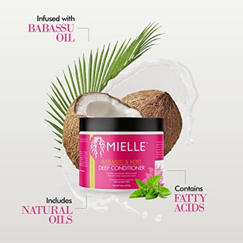 Mielle Organics 바바수 & 민트 딥 컨디셔너, 단백질, 보습 및 컨디셔닝 딥 트리트먼트, 건조하고 손상되고 곱슬거리는 모발을 위한 하이드레이팅 리페어, 8온스