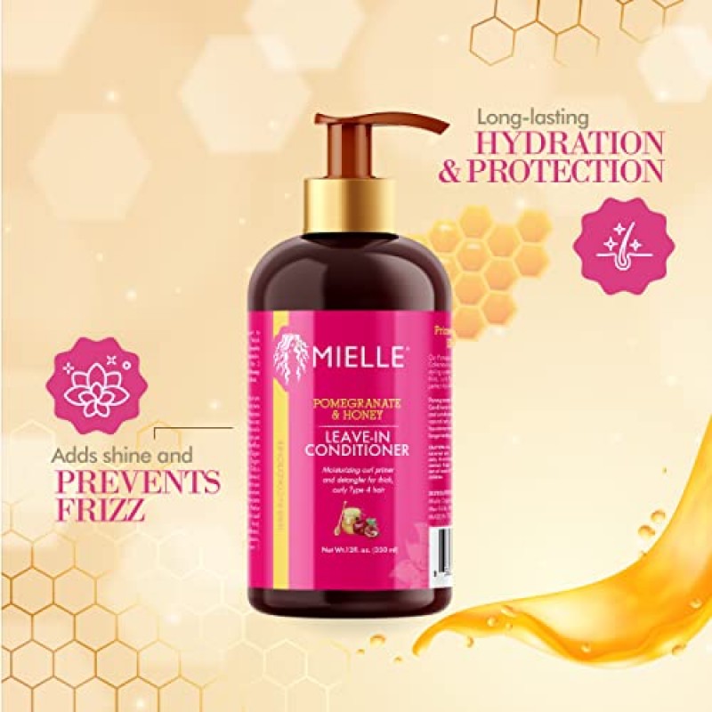 Mielle Organics 석류 & 허니 리브인 컨디셔너, 모이스처라이징 컬 프라이머 및 디탱글러, 손상 복구 및 곱슬거림 방지, 두꺼운 곱슬머리 4형 모발용 트리트먼트, 12액량 온스