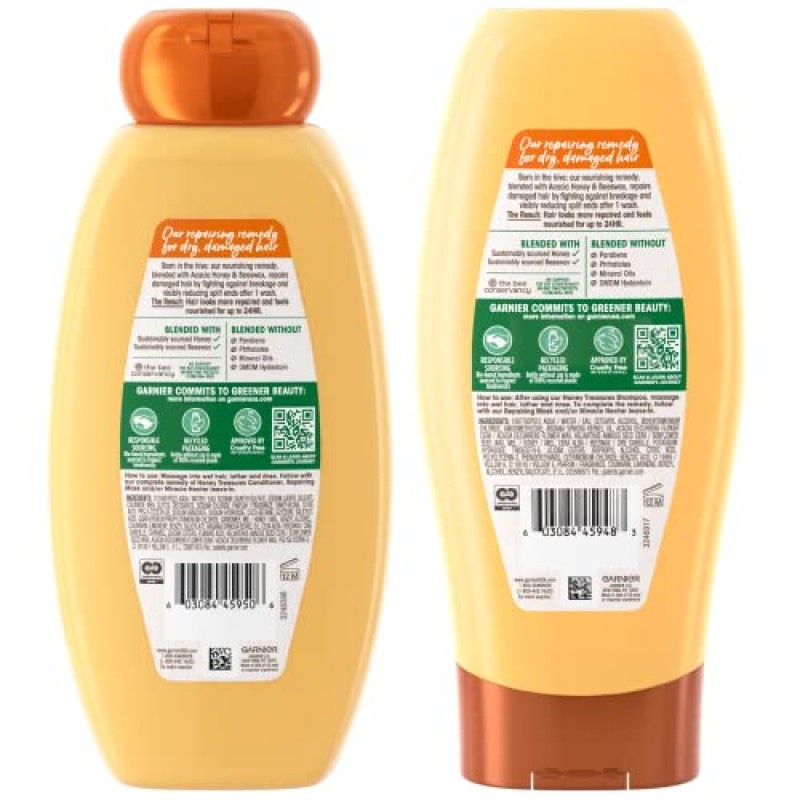 Garnier Whole Blends Honey Treasures 건조하고 손상된 모발을 위한 리페어링 샴푸 및 컨디셔너 세트, 22 Fl Oz(2 품목), 1 키트(포장은 다를 수 있음)