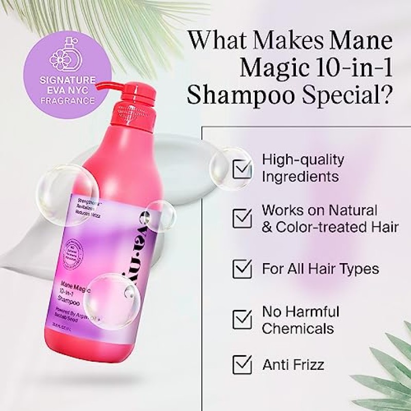 Eva NYC Mane Magic 10-in-1 샴푸, 부드럽고 매끄러운 모발을 위한 헤어 케어, 강화 및 영양 황산염 프리 샴푸 및 헤어 제품, 여성용 GMO 프리 헤어 제품, 1L