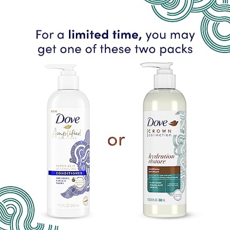 Dove Amplified Textures 샴푸, 컨디셔너, 코코넛 밀크, 알로에, 호호바가 함유된 리브인 컨디셔너 코일, 컬, 웨이브용 3개 함유 및 수분 증폭 헤어 케어 블렌드 11.5온스