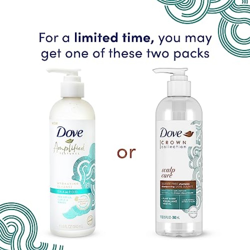 Dove Amplified Textures 샴푸, 컨디셔너, 코코넛 밀크, 알로에, 호호바가 함유된 리브인 컨디셔너 코일, 컬, 웨이브용 3개 함유 및 수분 증폭 헤어 케어 블렌드 11.5온스