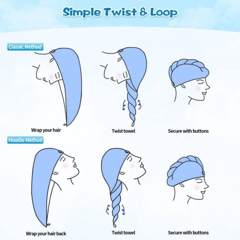 HOMERHYME 헤어 타올 랩, 빠른 건조 헤어 랩 5팩, 흡수성이 뛰어난 조절 가능한 소프트 타올 랩, 곱슬거림 방지 헤어 터번(단추 포함) 및 탄성 루프 여성용 젖은 머리, 곱슬머리, 긴 머리용 헤어 타올