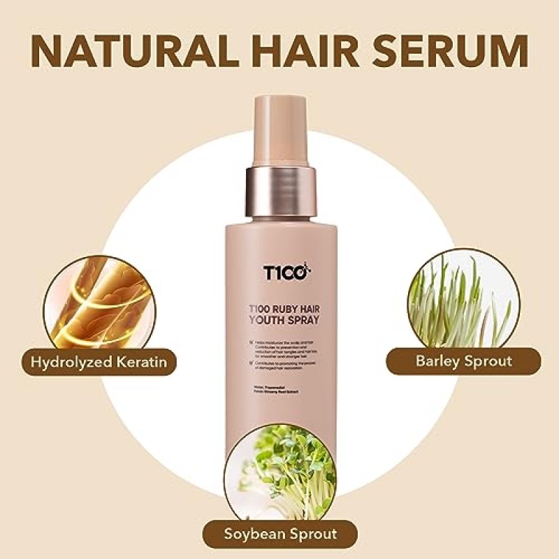 T100 루비 헤어 케라틴 헤어 세럼 스프레이 인삼 & 포멜로 추출물, 3.9 Fl Oz, 열 보호제 지성 건식 표백 두꺼운 헤어 케어 제품 남성용 및 여성용