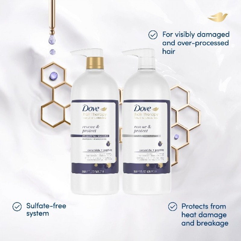 Dove 헤어 테라피 샴푸 갈라진 모발과 손상된 모발을 위한 헤어 케어 구조 및 보호 테라피 황산염 프리 샴푸 33.8온스