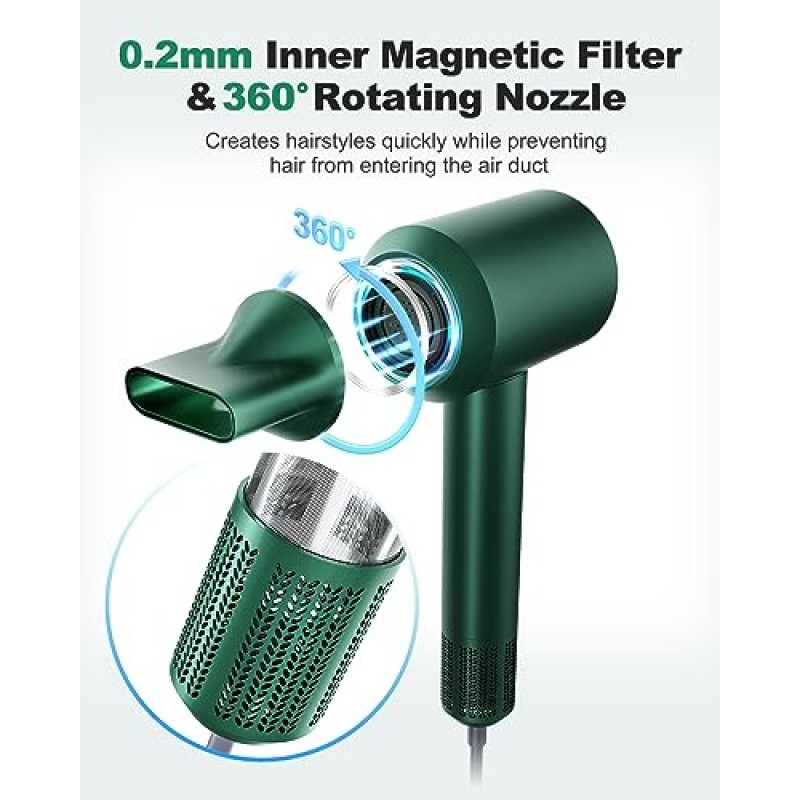 빠른 건조를 위한 110,000RPM 브러시리스 모터가 장착된 7MAGIC 고속 헤어 드라이어, 3색 LED 조명 링이 장착된 저소음 블로우 드라이어, 가정 및 여행용 1400W 이온 헤어 드라이어, 자석 노즐, 녹색