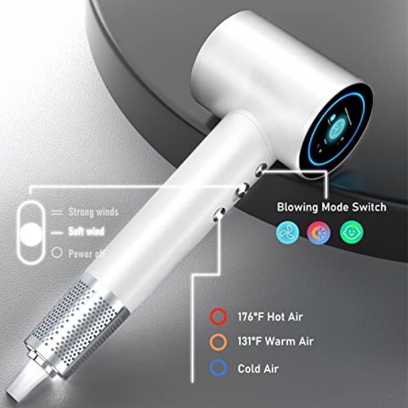 디스플레이 화면이 포함된 브러시리스 이온 헤어 드라이어, OHJUMP 3 모드 디퓨저가 포함된 전문 ​​블로우 드라이어, 여행용 헤어 드라이어, 3단 가열/2단, 항온 헤어 케어(화이트)