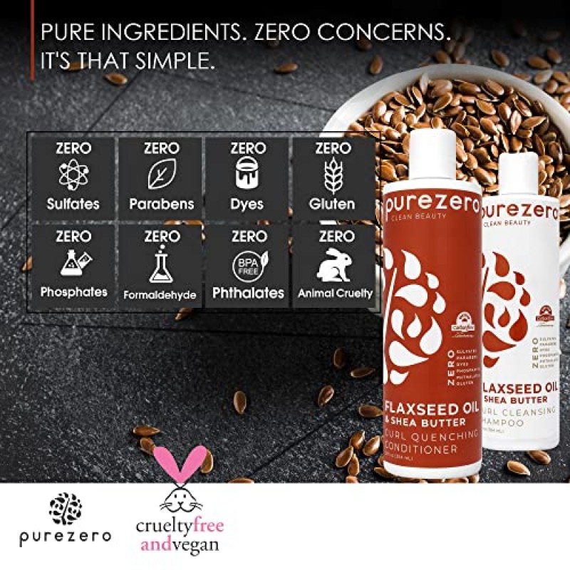 Purezero 아마씨 오일 & 시어 버터 샴푸 및 컨디셔너 세트 - 컬 케어 - 곱슬머리용 엉킴 방지 및 머리 숱 제거 - 황산염/파라벤/염료 없음 - 100% 비건 및 동물 실험 없음 - 컬러 처리된 모발에 적합