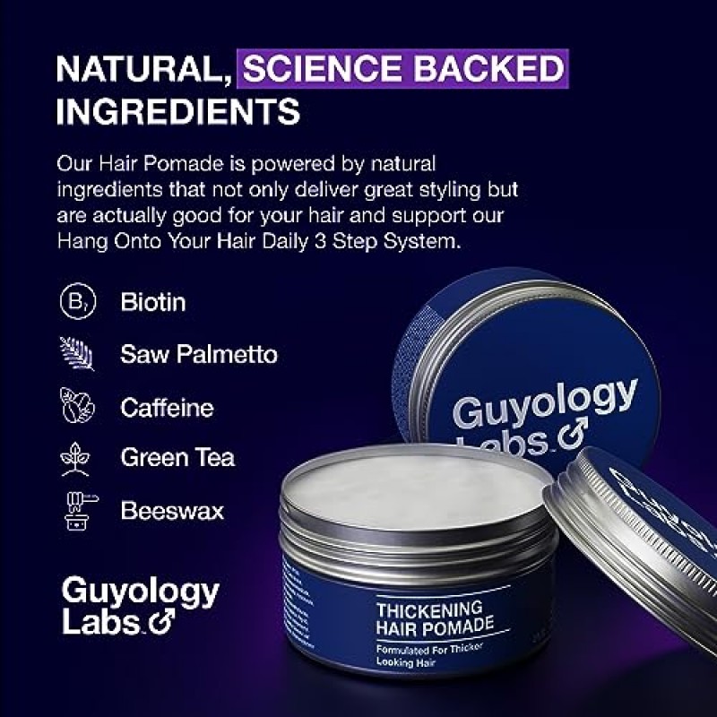 Guyology Labs 남성용 짙어지는 모발 포마드 - 미디엄 홀드 - 무광택 마감 - 더 풍성하고 두껍고 강한 모발을 위한 비오틴 함유