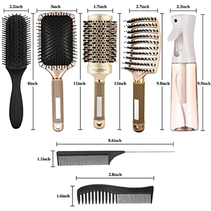 Aozzy 헤어 브러시 세트, 블로우 건조용 원형 브러시 및 젖은 길고 두꺼운 모발에 적합한 패들 브러시, 물결 모양의 곱슬 머리용 엉킴 방지 브러시 및 스프레이 병, 가족의 일상적인 헤어 관리 요구 사항 충족