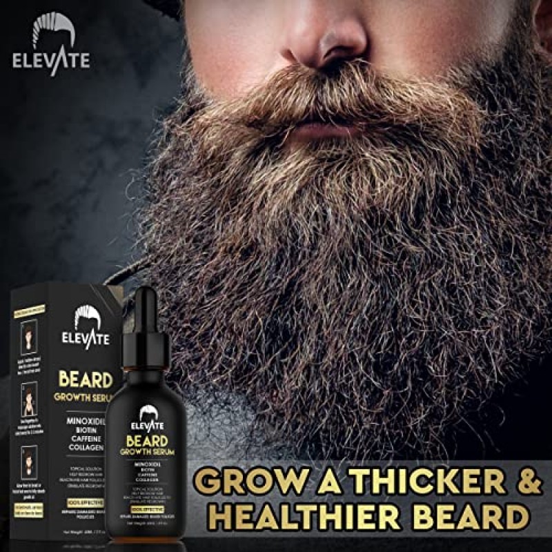 Elevate Beard Growth Serum 5% 남성용 미녹시딜 - 모발 성장을 위한 비오틴 및 카페인이 함유된 수염 성장 오일 - 롤러 미녹시딜 5%가 포함된 수염 성장 키트 - 더 강하고 두껍고 풍성한 수염을 더 빠르게 성장 2온스