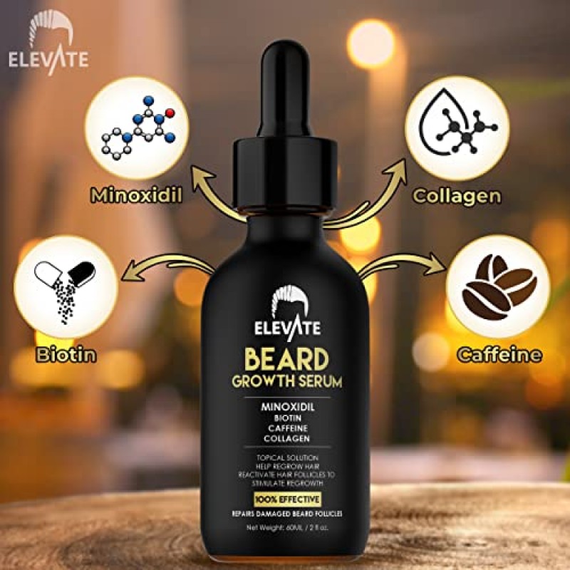 Elevate Beard Growth Serum 5% 남성용 미녹시딜 - 모발 성장을 위한 비오틴 및 카페인이 함유된 수염 성장 오일 - 롤러 미녹시딜 5%가 포함된 수염 성장 키트 - 더 강하고 두껍고 풍성한 수염을 더 빠르게 성장 2온스