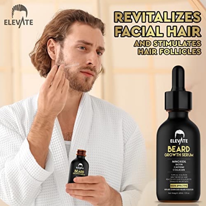 Elevate Beard Growth Serum 5% 남성용 미녹시딜 - 모발 성장을 위한 비오틴 및 카페인이 함유된 수염 성장 오일 - 롤러 미녹시딜 5%가 포함된 수염 성장 키트 - 더 강하고 두껍고 풍성한 수염을 더 빠르게 성장 2온스