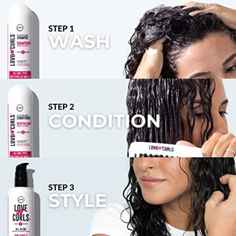 LUS 브랜드 Love Ur Curls for Wavy Hair, 3-Step System - 올인원 스타일러가 포함된 샴푸 및 컨디셔너 세트 - 볼륨을 위한 LUS Curls 헤어 제품 - 끈적임 없고 기름지지 않으며 가벼운 포뮬라 - 각 8.5온스