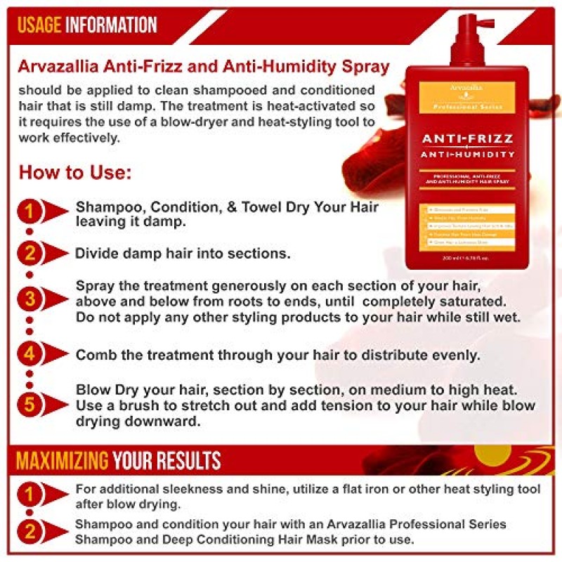 Arvazallia 곱슬거림 방지 및 습기 방지 헤어 스프레이 - 전문적인 곱슬거림 제어, 습기 방지, 열 보호제 및 윤기 나는 세럼