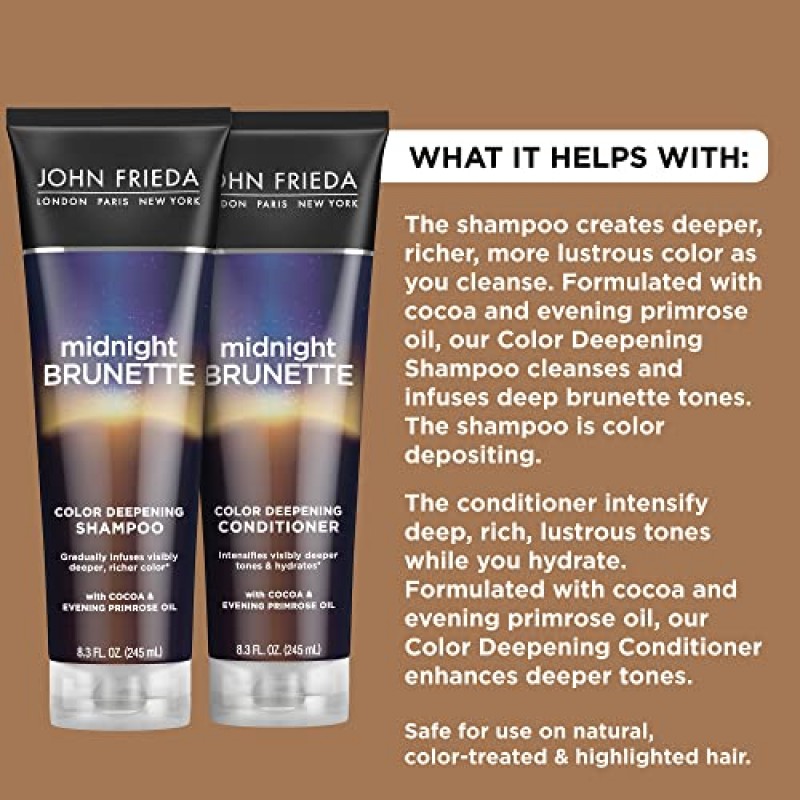 John Frieda Midnight Brunette 갈색 머리용 가시적으로 더 깊은 샴푸 및 컨디셔너 세트, 달맞이꽃 오일 및 천연 코코아 함유, 천연 또는 염색 모발용(8.3온스, 2세트 팩)