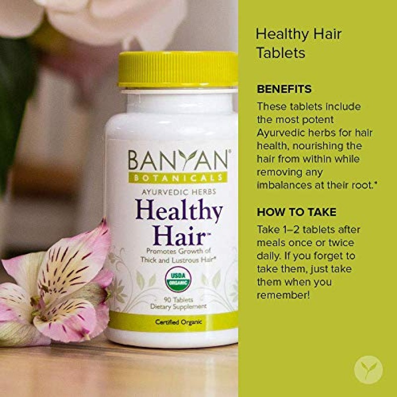 Banyan Botanicals 건강한 모발 정제 – Amla & Bhringaraj가 함유된 유기농 모발 보조제 – 두껍고 윤기 있고 강한 모발을 위한 아유르베다 모발 관리* – 90정 – 비 GMO 지속 가능한 비건 채식