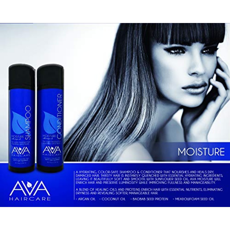 Ava Haircare - 모이스처 샴푸 및 컨디셔너 - 비건, 황산염 없음, 파라벤 없음, 동물 실험을 하지 않음(2개 세트, 각 8.4온스)