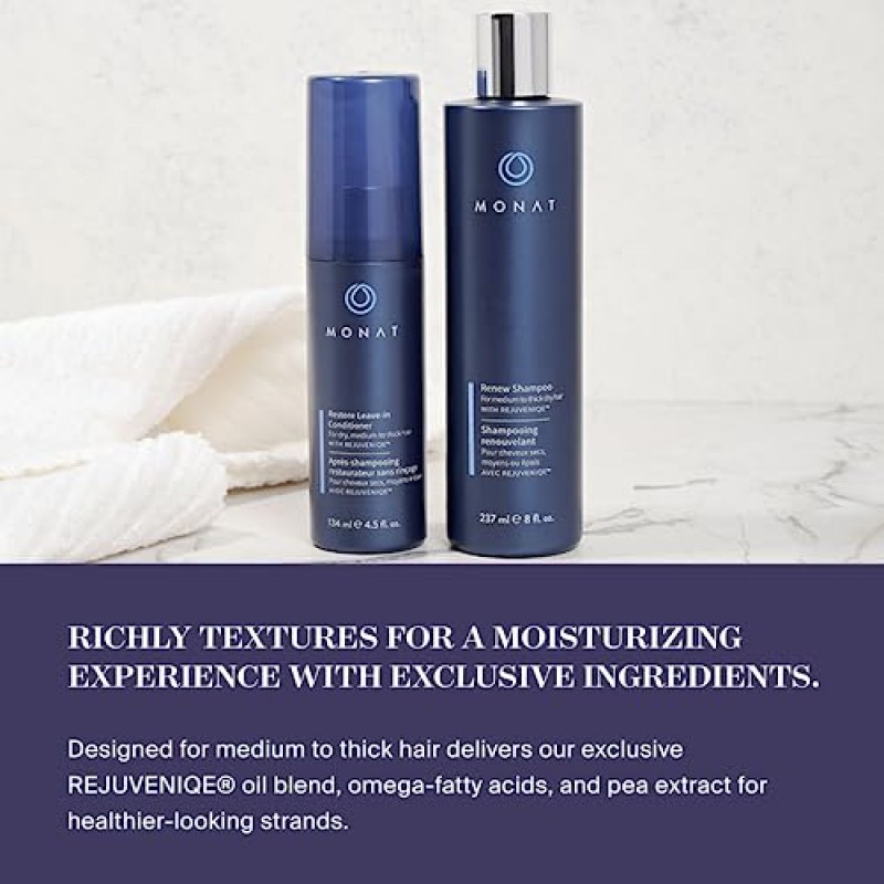 Rejuveniqe®가 함유된 MONAT Renew™ 샴푸 - 중간에서 두꺼운 모발을 위한 오메가 지방산이 함유된 보습 샴푸. 건조한 모발을 위한 윤기 강화, 고보습 거품 - Net Wt. 237ml / 8.0fl. 온스