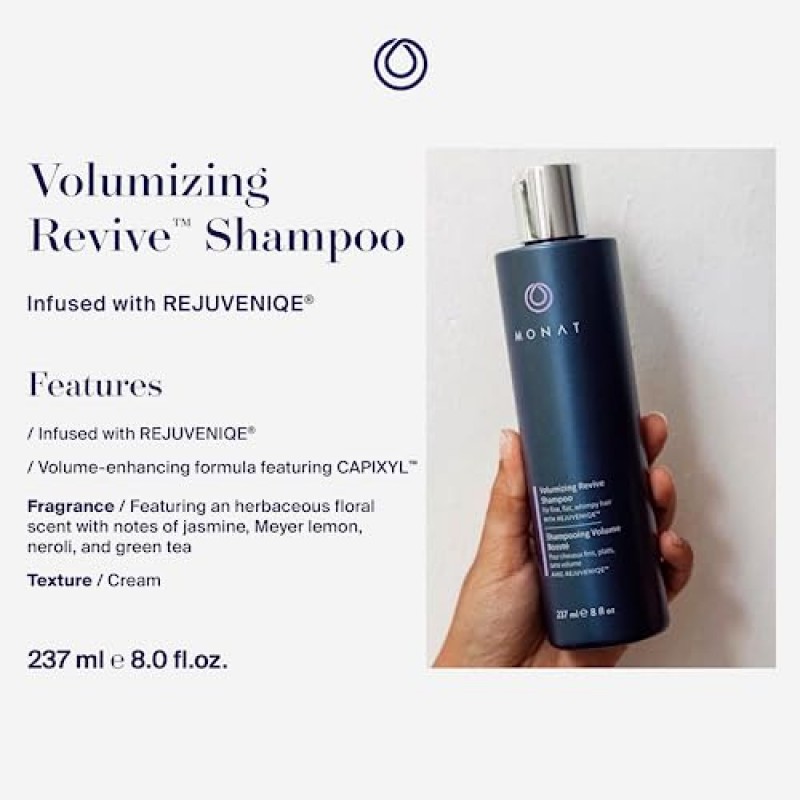 Rejuveniqe®가 함유된 MONAT Volumizing Revive™ 샴푸 - 무중력 헤어 샴푸는 완두콩 추출물과 비건 UV 보호제를 함유하여 가는 모발과 중간 모발에 볼륨과 부드러움을 더해줍니다. 237ml ℮ 8층 온스