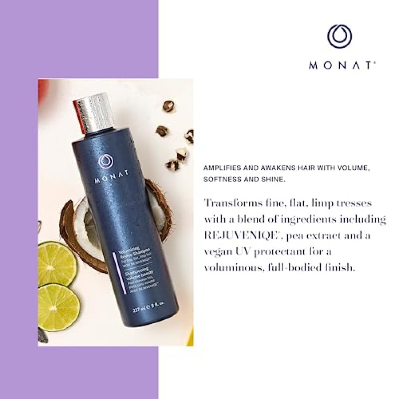 Rejuveniqe®가 함유된 MONAT Volumizing Revive™ 샴푸 - 무중력 헤어 샴푸는 완두콩 추출물과 비건 UV 보호제를 함유하여 가는 모발과 중간 모발에 볼륨과 부드러움을 더해줍니다. 237ml ℮ 8층 온스