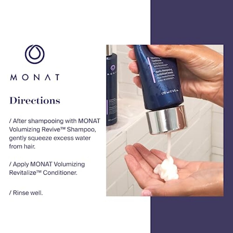 Rejuveniqe®가 함유된 MONAT 볼류마이징 리바이탈라이즈™ 컨디셔너 - 가늘고 납작한 모발을 위한 가벼운 모발 볼류마이징 컨디셔너로 부드러움과 윤기를 선사합니다. - Net Wt. 178ml ℮ 6층 온스