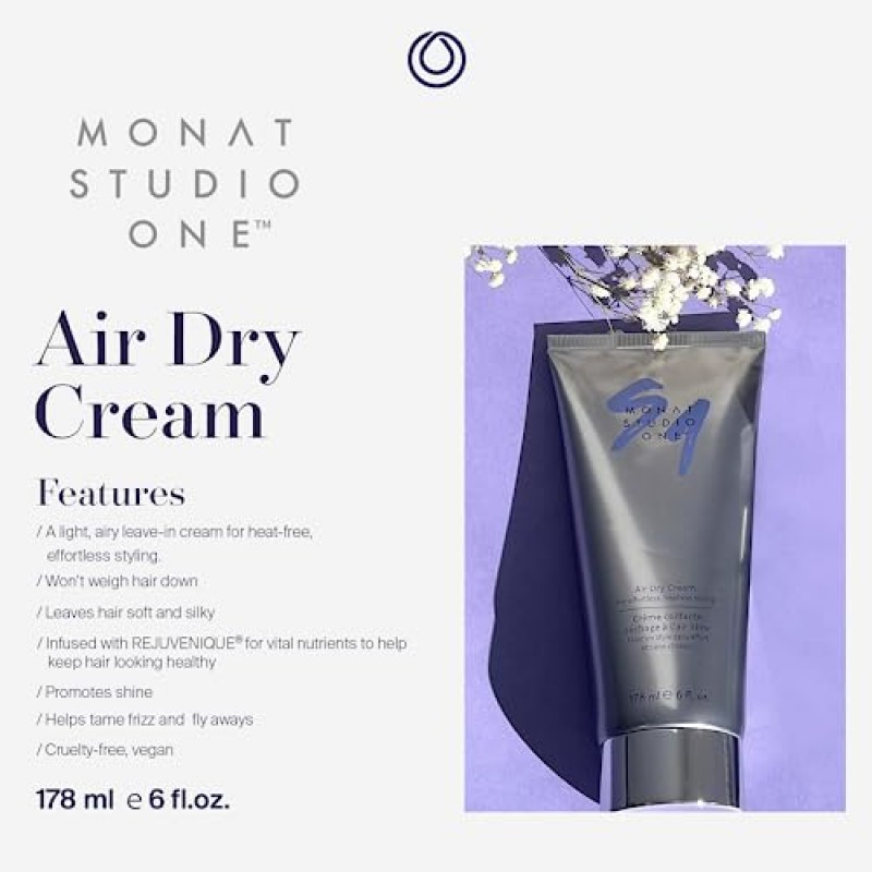 MONAT STUDIO ONE™ 에어 드라이 크림 - 터치 가능한 고정력과 습도 보호를 위한 부드러운 헤어 스타일링 크림입니다. 모든 모발 유형을 위한 모발 곱슬머리 제어 및 열 필요 없음 - Net Wt. 177ml / 6층 온스