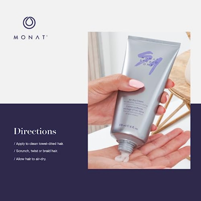 MONAT STUDIO ONE™ 에어 드라이 크림 - 터치 가능한 고정력과 습도 보호를 위한 부드러운 헤어 스타일링 크림입니다. 모든 모발 유형을 위한 모발 곱슬머리 제어 및 열 필요 없음 - Net Wt. 177ml / 6층 온스