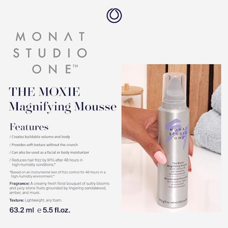 MONAT Studio One™ The Moxie™ 매그니파잉 무스 -가벼운 헤어 무스, 오랫동안 지속되는 곱슬거림 방지, 터치 가능한 홀드로 볼륨감 있는 스타일 연출에 도움을 줍니다. 크런치 없이 부드러운 질감 - Net Wt. 170.1g / 6