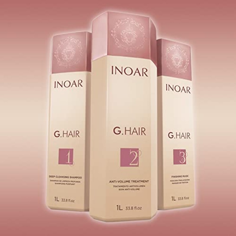 INOAR – G.Hair 케라틴 스무딩 시스템 키트, 딥 클리닝 샴푸, 안티 볼륨 트리트먼트, 마무리 마스크, 남성 및 여성용 비건 헤어케어(각 33.8온스)