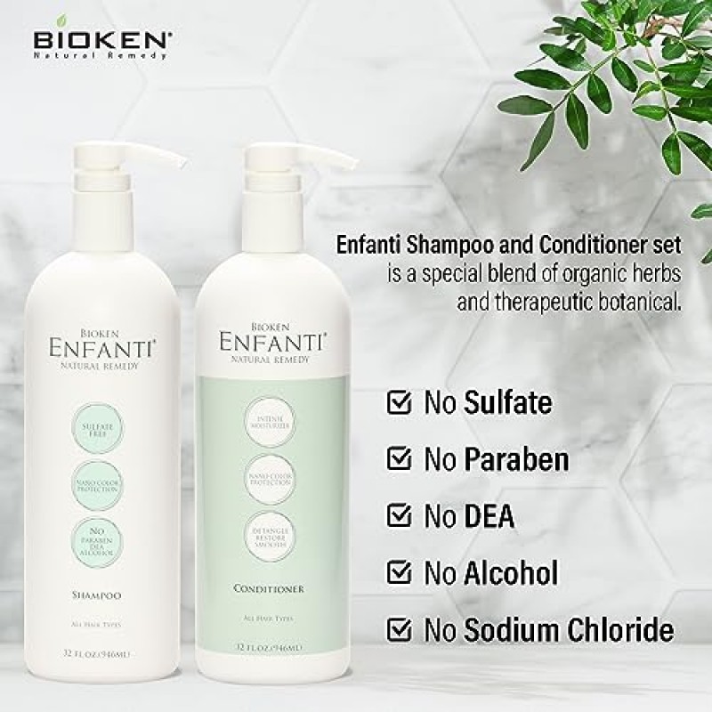 Bioken Enfanti 샴푸 컨디셔너 세트 - 모이스춰라이징 하이드레이팅 나노 컬러 프로텍션 황산염 프리 허브 추출물 모든 모발용 헤어 케어 32온스