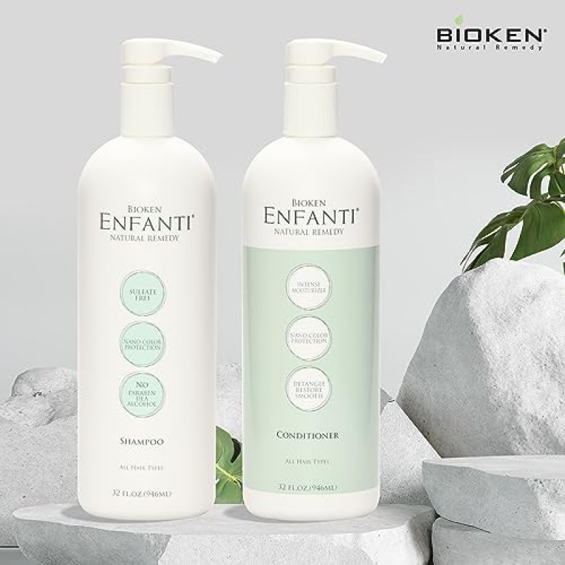 Bioken Enfanti 샴푸 컨디셔너 세트 - 모이스춰라이징 하이드레이팅 나노 컬러 프로텍션 황산염 프리 허브 추출물 모든 모발용 헤어 케어 32온스