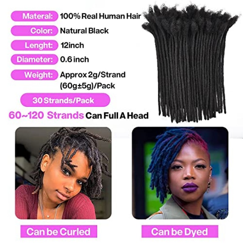 Loc Extensions 남성용/여성용 인모 드레드락 익스텐션 100% 실제 인모 영구 드레드락 익스텐션 Locs Extensions 인모 염색 가능(30 Locs-12 인치, 0.6cm-1B 천연 검정색)