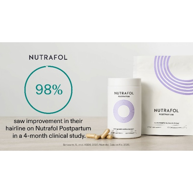 Nutrafol 산후 모발 성장 보조제, 눈에 띄게 모발이 두꺼워지고 털이 덜 빠지는 것으로 임상 테스트를 거쳤으며 모유 수유에 적합함 - 1개월 분량