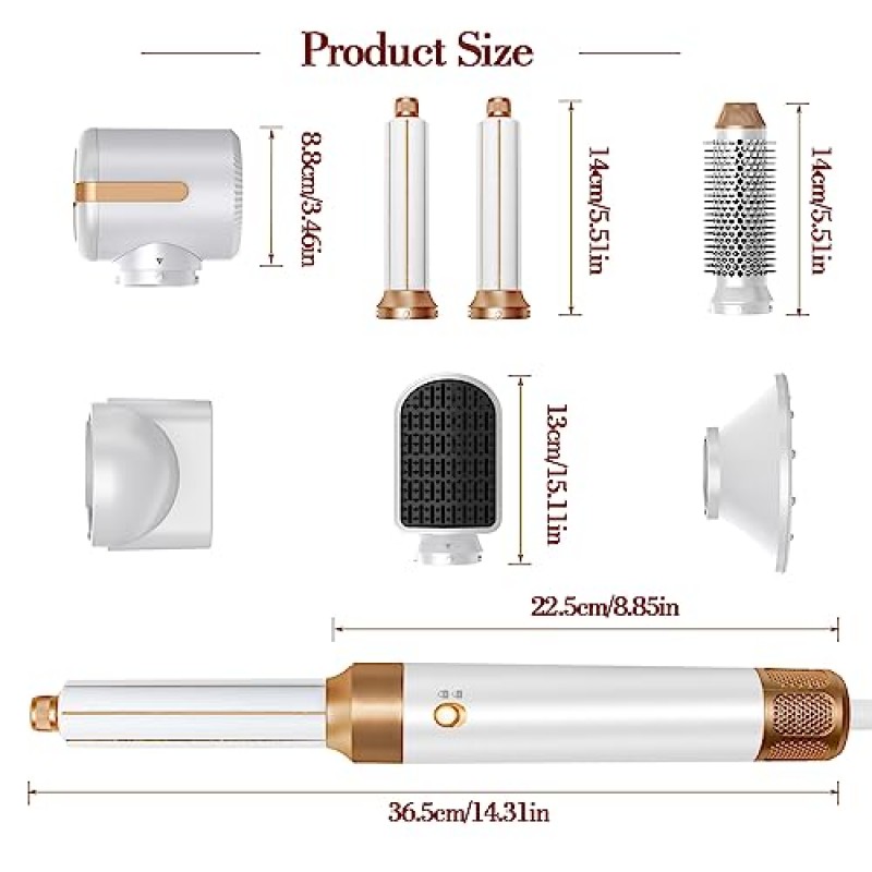 헤어 드라이어 스타일러 7 in 1, 고속 브러시리스 모터 블로우 드라이어 랩 에어 스타일링 도구 세트 - 뜨거운 공기 브러시, 디퓨저, 노즐, 헤어 스트레이트너 빗, 랩 에어 컬링 완드, 헤어 볼류마이저(W7S)