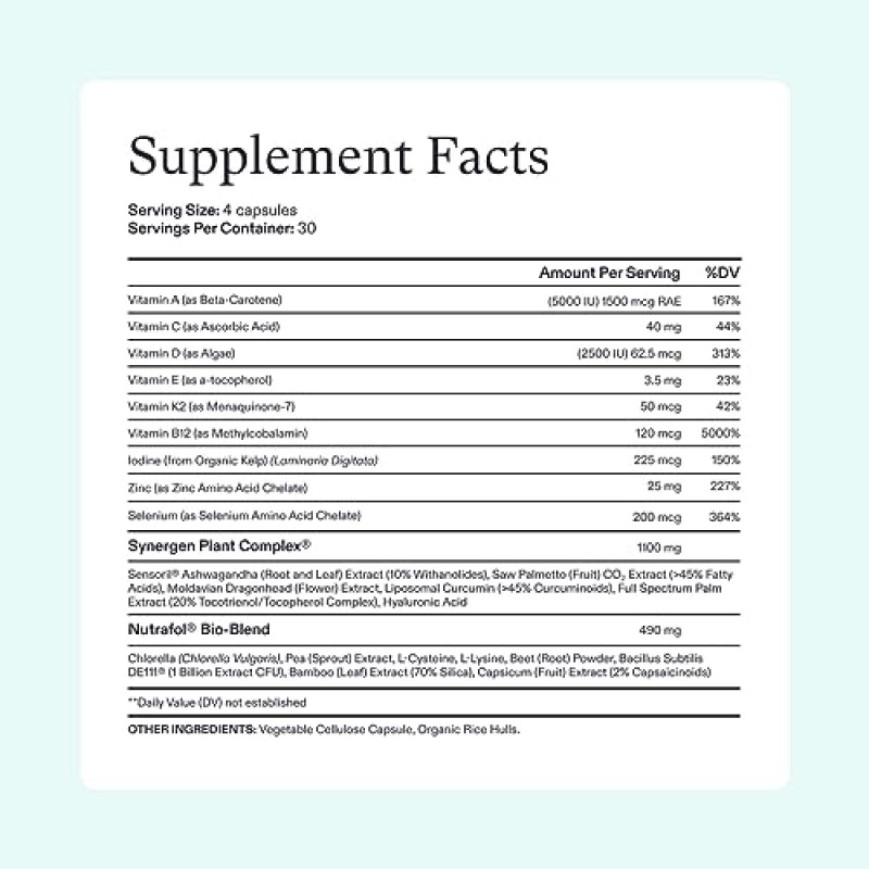 Nutrafol 여성용 비건 모발 성장 보조제, 식물성, 18-44세, 눈에 띄게 더 두껍고 강한 모발에 대해 임상 테스트를 거쳤으며 피부과 전문의 권장 - 2개월 분량, 리필 파우치 2개